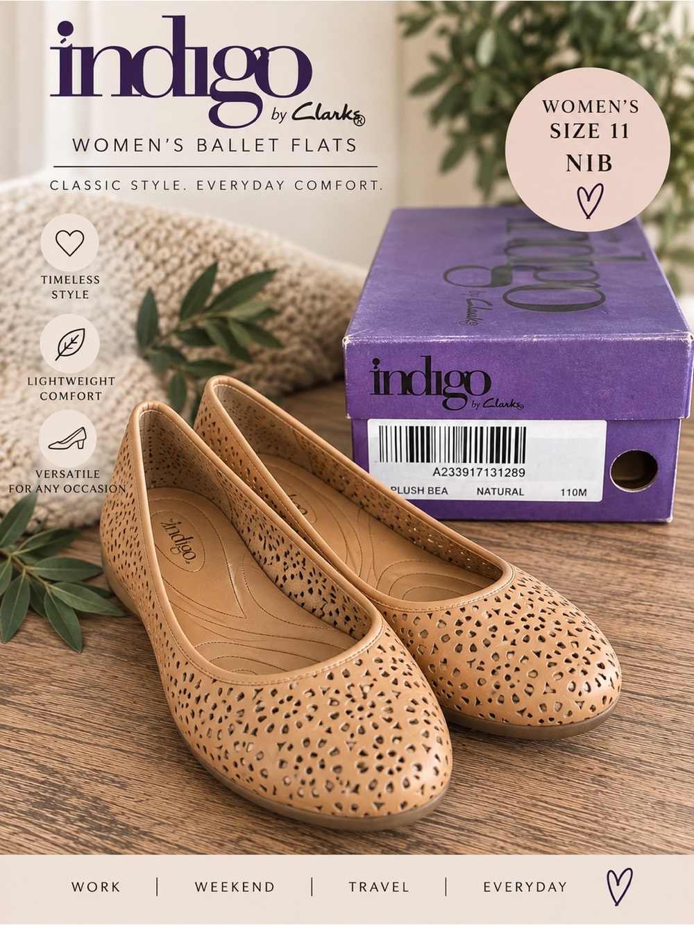 Indigo by Clarks Plush Bea Leather Laser Cut Ballet Flats 11M NIB